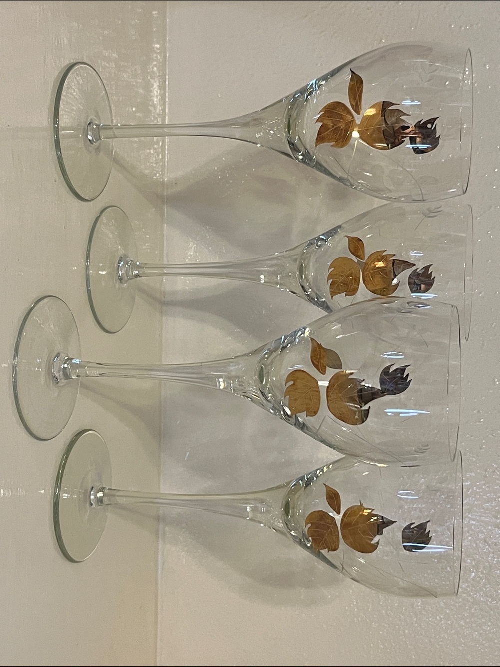 Vintage,Set of 4 Long Stem, Etched Floral Wine Glasses with Gold Leaf - Crystal